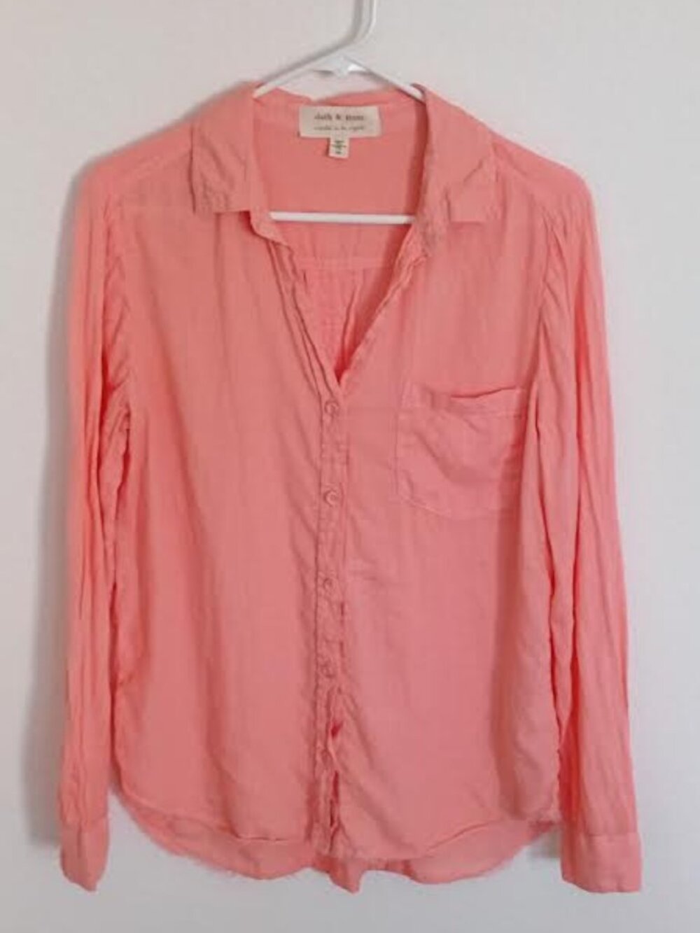 CLOTH & STONE WOMEN'S TOP PEACH LONG SLEEVE FRAYED HEM 100% LINEN BUTTON UP MED